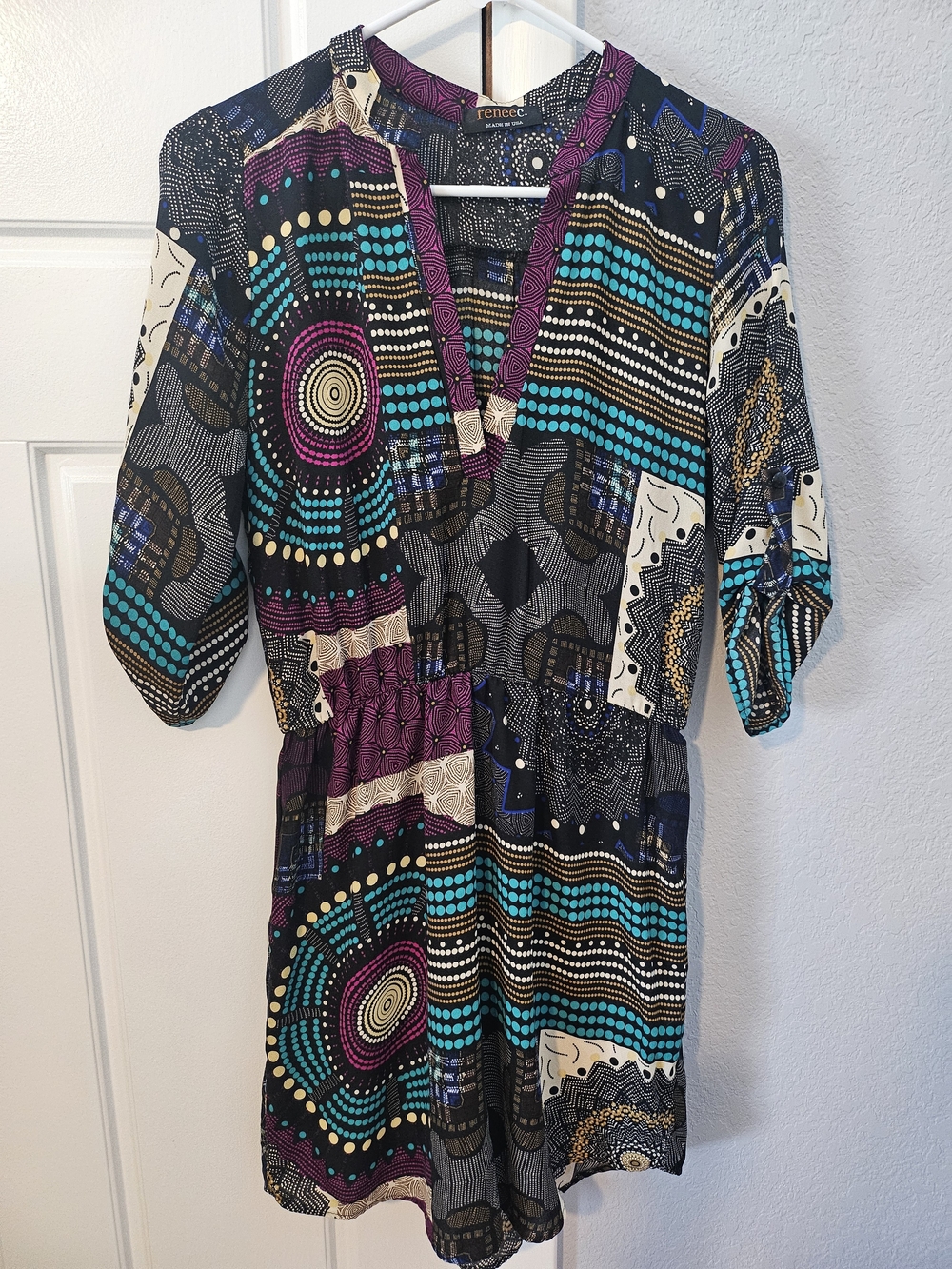 Renee C. Purple & Teal Patterned V-Neck Women’s Dress